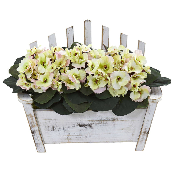 African Violet Artificial Plant in Wooden Bench Planter