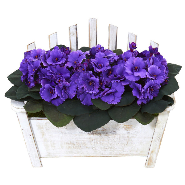 African Violet Artificial Plant in Wooden Bench Planter