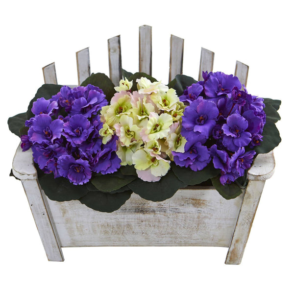 African Violet Artificial Plant in Wooden Bench Planter