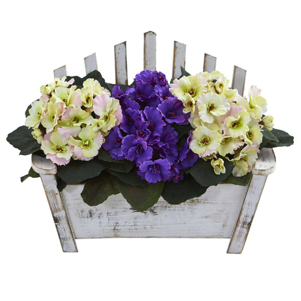 African Violet Artificial Plant in Wooden Bench Planter