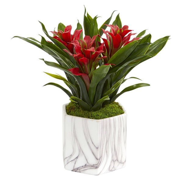 Bromeliad Artificial Plant in Marble Finished Vase