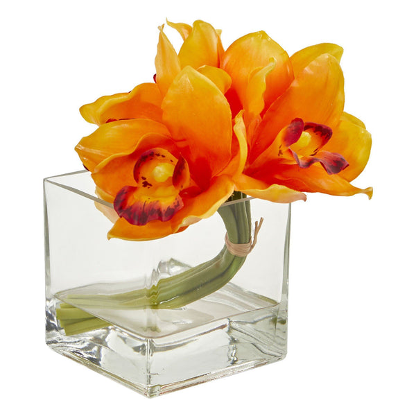 Cymbidium Orchid Artificial Arrangement in Glass Vase (Set of 2)