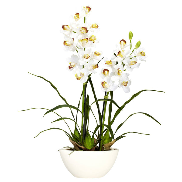 Cymbidium w/White Vase Silk Flower Arrangement