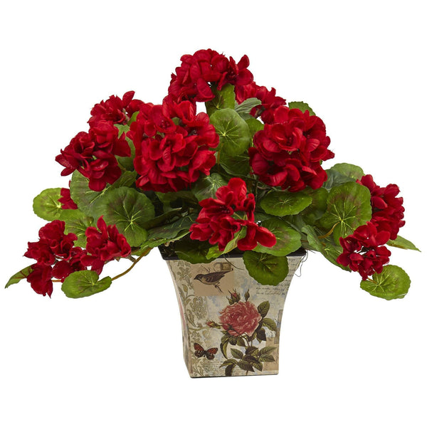 Geranium Flowering Silk Plant with Floral Planter (Set of 2)