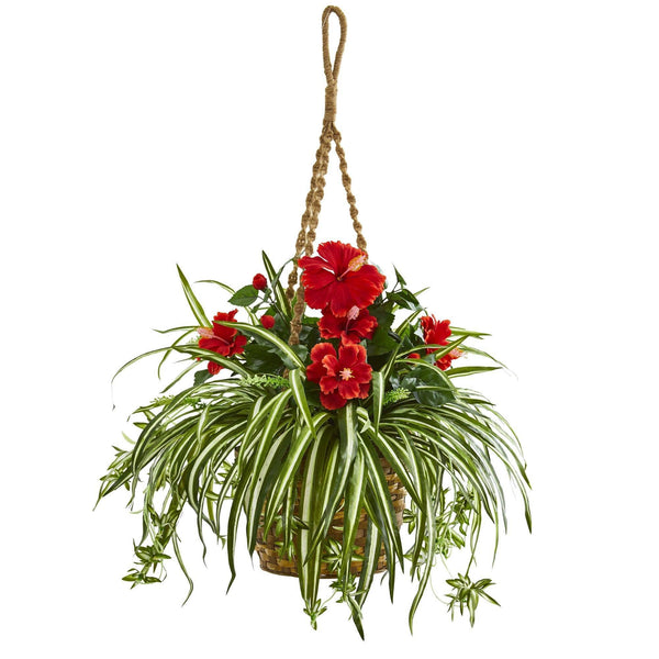 Hibiscus & Spider Artificial Plant in Hanging Basket