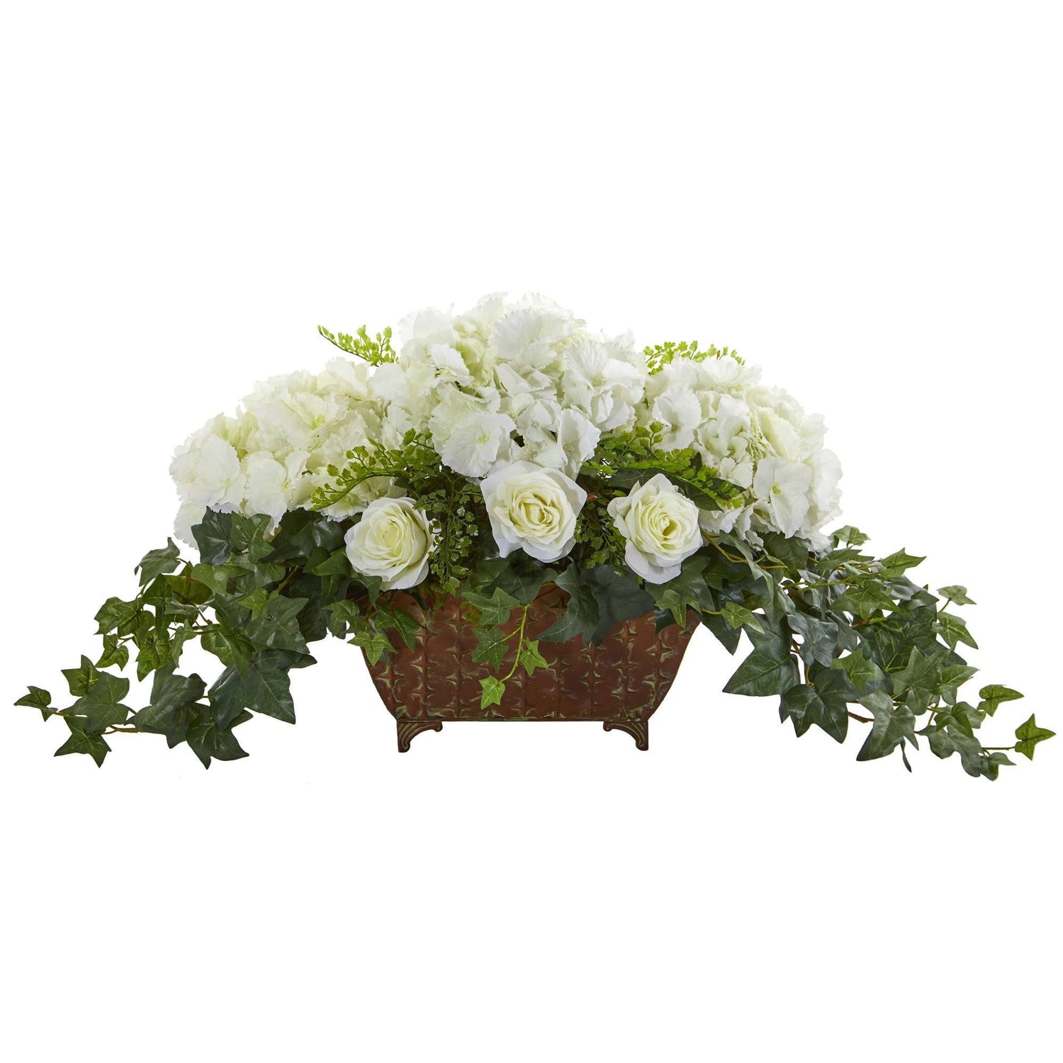 Hydrangea & Roses Artificial Arrangement in Metal Planter