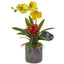 Mini Phalaenopsis Orchid and Bromeliad in Gray Vase