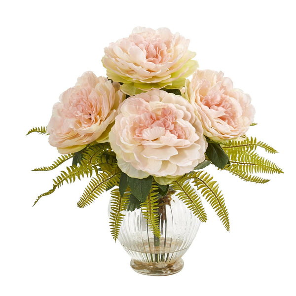 Peony and Fern Artificial Arrangement in Glass Vase