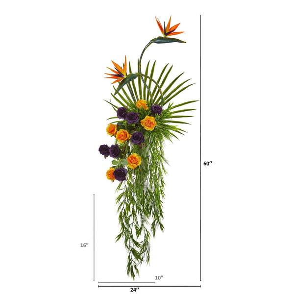 Rose, Bird of Paradise and Fan Palm Artificial Arrangement in Urn