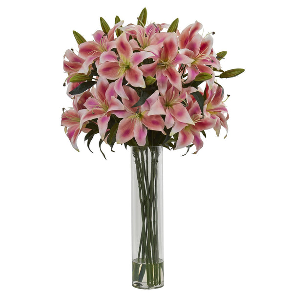 Rubrum Lily Artificial Arrangement in Cylinder Vase