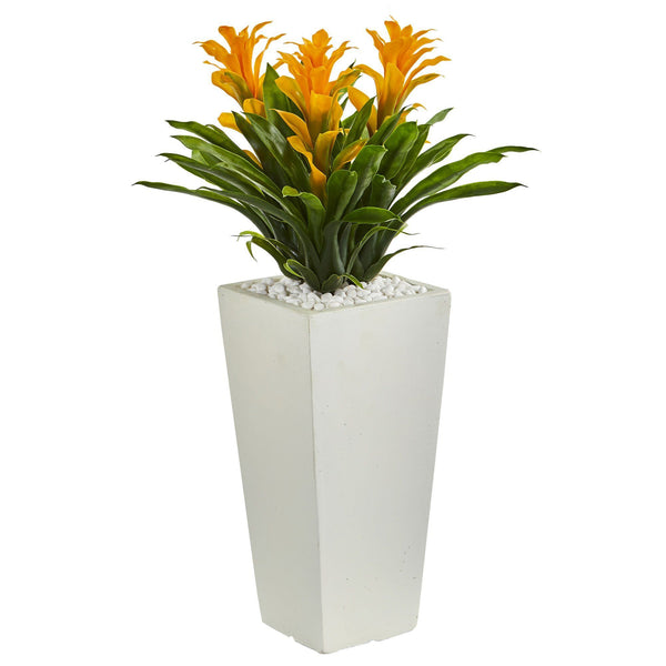 Triple Bromeliad Artificial Plant in White Tower Planter